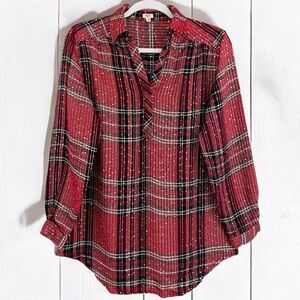 Reba‎ Classic Tartan Plaid Red & Black Gold Sequin Super Soft Blouse Size Small